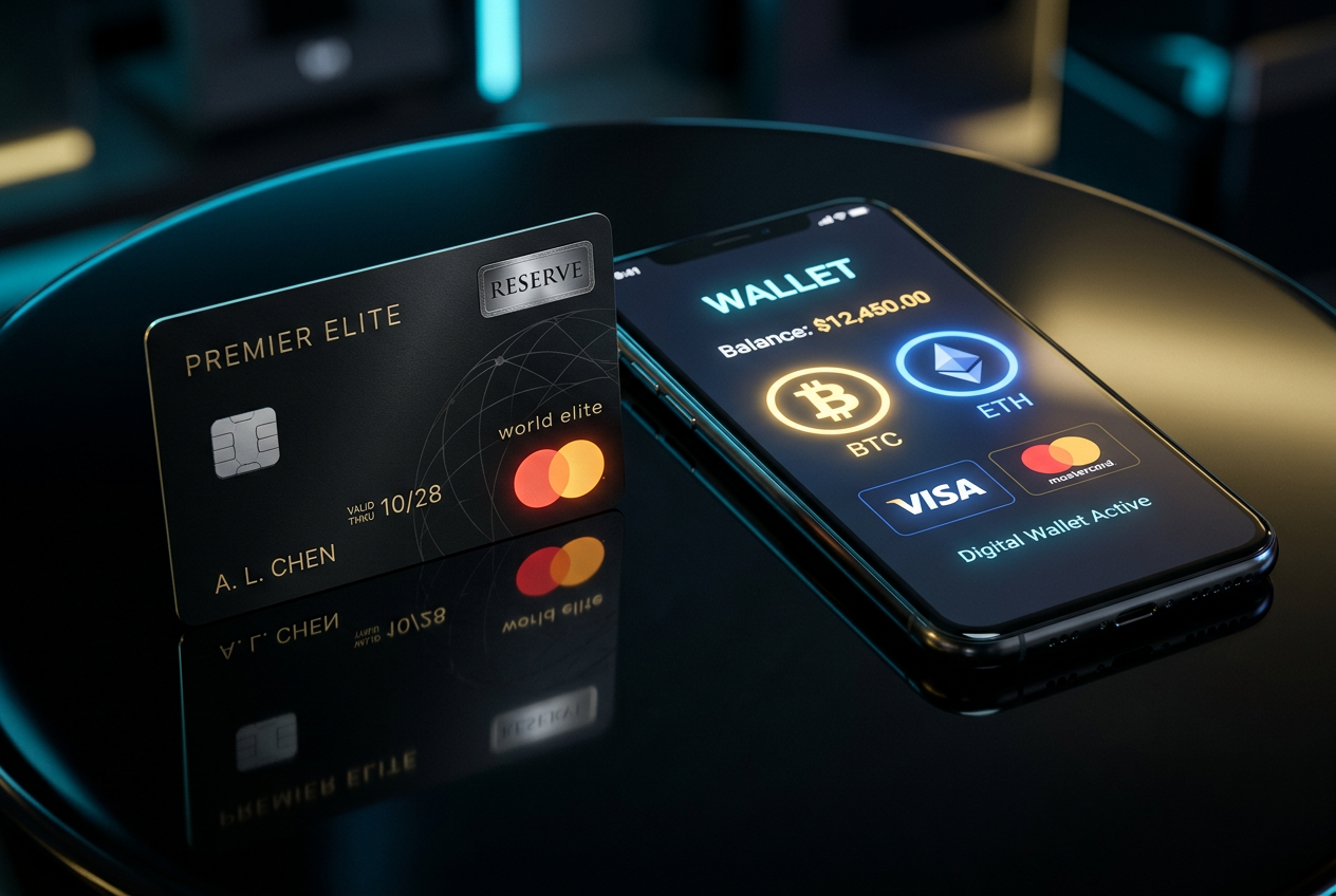 A collection of digital payment icons and a credit card on a dark surface.