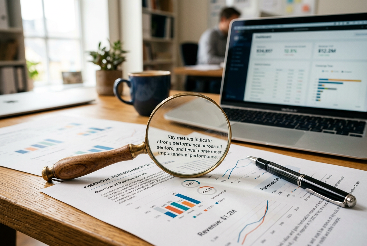 Magnifying glass over a document with financial and gaming terms