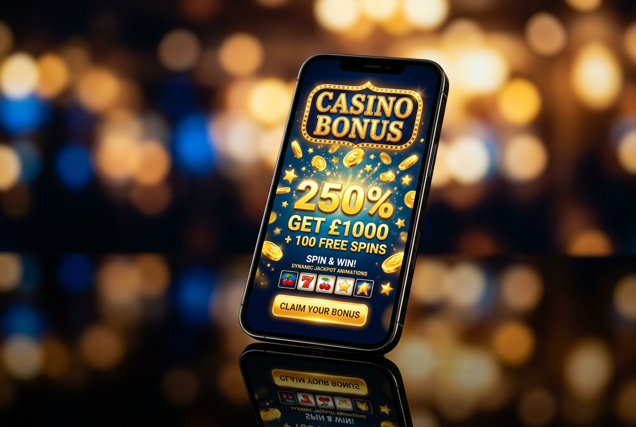 Smartphone screen showing casino bonus offers with gold coins around it
