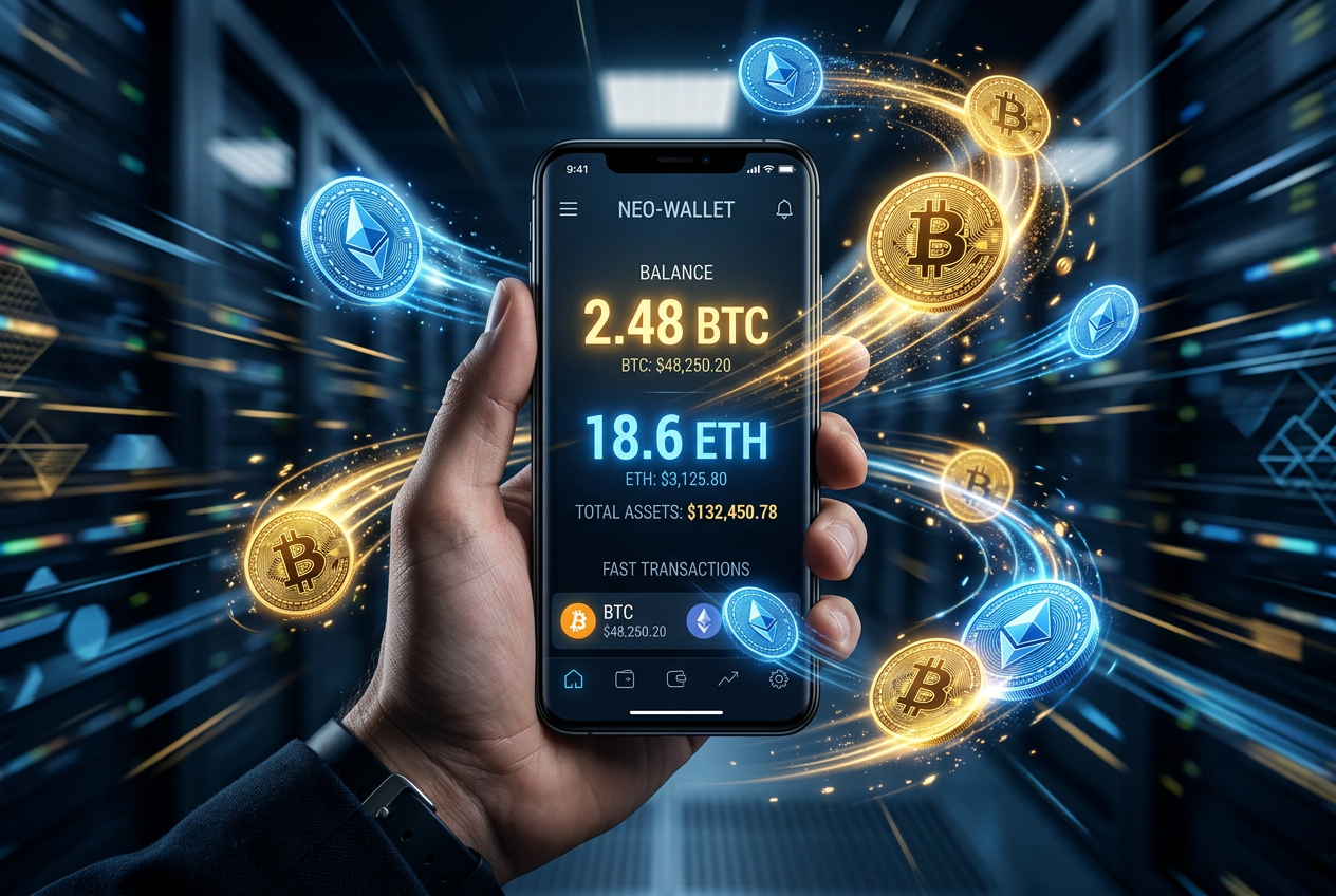 Digital transaction representation with crypto coins and speed lines.