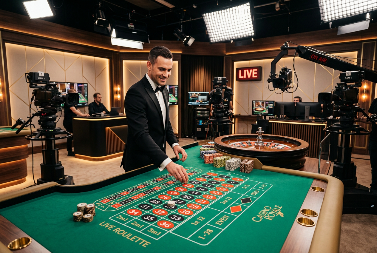 A professional live casino studio with a dealer at a roulette table.