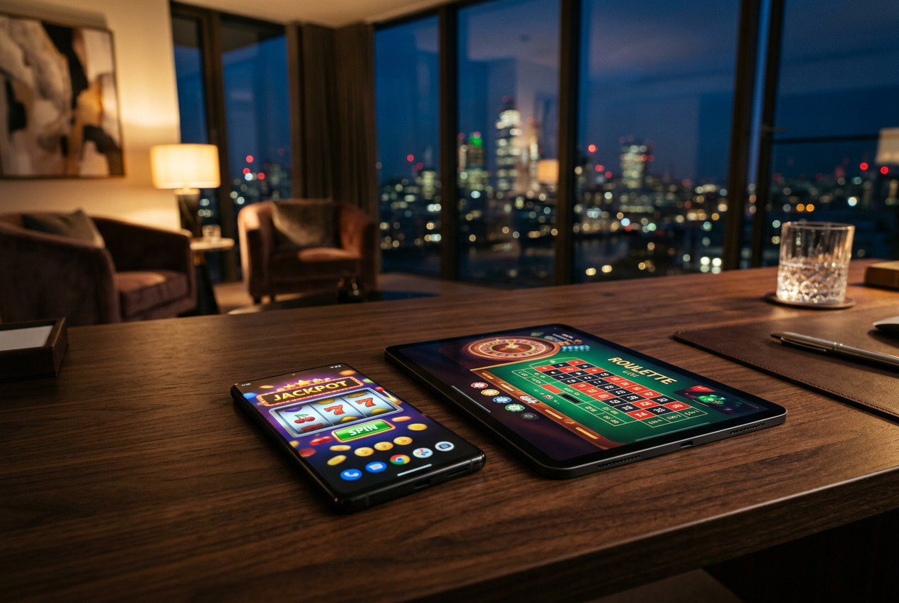 A high-end digital casino interface displayed on a smartphone and tablet.